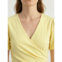 Robe portefeuille jaune unie tissée à manches courtes, longueur midi, col en V, froncée, avec fente latérale, taille naturelle, lavable, mode femme printemps-été