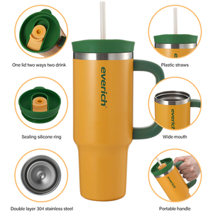 Everich Gobelet <span class=keywords><strong>isotherme</strong></span> en acier inoxydable multi-tailles avec poignée confortable, couvercle à paille, compatible porte-gobelet, <span class=keywords><strong>mug</strong></span> de voyage pour café quotidien - Product Image 2