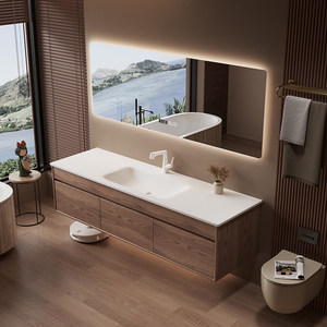 Mid ancient style rock slab seamless integrated basin intelligent <b>mirror</b> wall hanging bathroom cabinet - Product Image 1