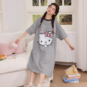 <span class=keywords><strong>Pijamas</strong></span> Casuales de Verano para Mujer, Manga Corta, Rayas, Dibujos Animados, Bonitas, Camisón de Longitud Media, Estilo Coreano, Holgadas, de Algodón, para el Hogar - Product Image 3
