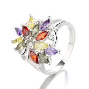Cincin 925 perak murni mewah, cincin bunga kristal warna-warni untuk wanita
