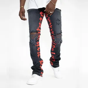 OEM Manufacturer Mens Stacked Pants Inside Printed Logo Mens Custom Ripped Distressed Denim Stacked Jeans Pants