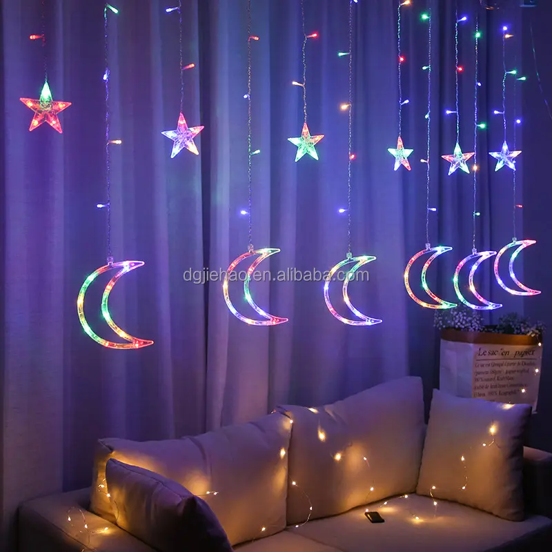 2021 hot sale new LED warm white Star Moon Curtain Light Party Room Decoration Pentagram Star Flashing Eid String Decorations