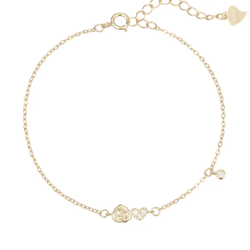 925 sterling silver romantic rose love heart zircon gold plated bracelets for women