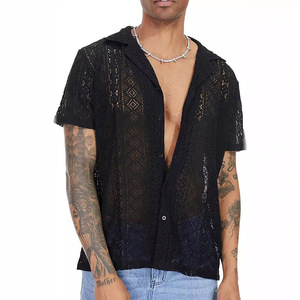 เสื้อยืดผู้ชายสไตล์ยุโรปอเมริกันแบบใหม่ ผ้าลูกไม้โปร่งแสง ปกเว้า สีพื้น สามารถสั่งตัดได้ ระบายอากาศได้ดี - Product Image 4