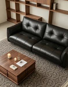 Sofá de Cuero Negro Premium con Mechones, 4 Plazas, con Patas Metálicas, para Sala de Estar Estilo Mid-Century - Product Image 5