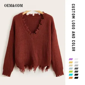 YT sweter rajut jatuh kasual wanita, Crop desain kasual tidak beraturan, sweter sobek berjumbai