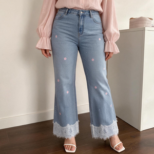 Jeans de Cintura Alta para Mujer, Personalizados, de Alta Calidad, con Bordado Floral, Dobladillo de Encaje, Lavados, Casuales - Product Image 1