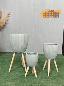 3 Pcs Vertical Ribbed Drum Tripod Planter <b>Set</b>, Fluted Flower Pot with Wooden Stand Indoor Outdoor <b>Home</b> Garden Decor Wholesale - Product Image 4