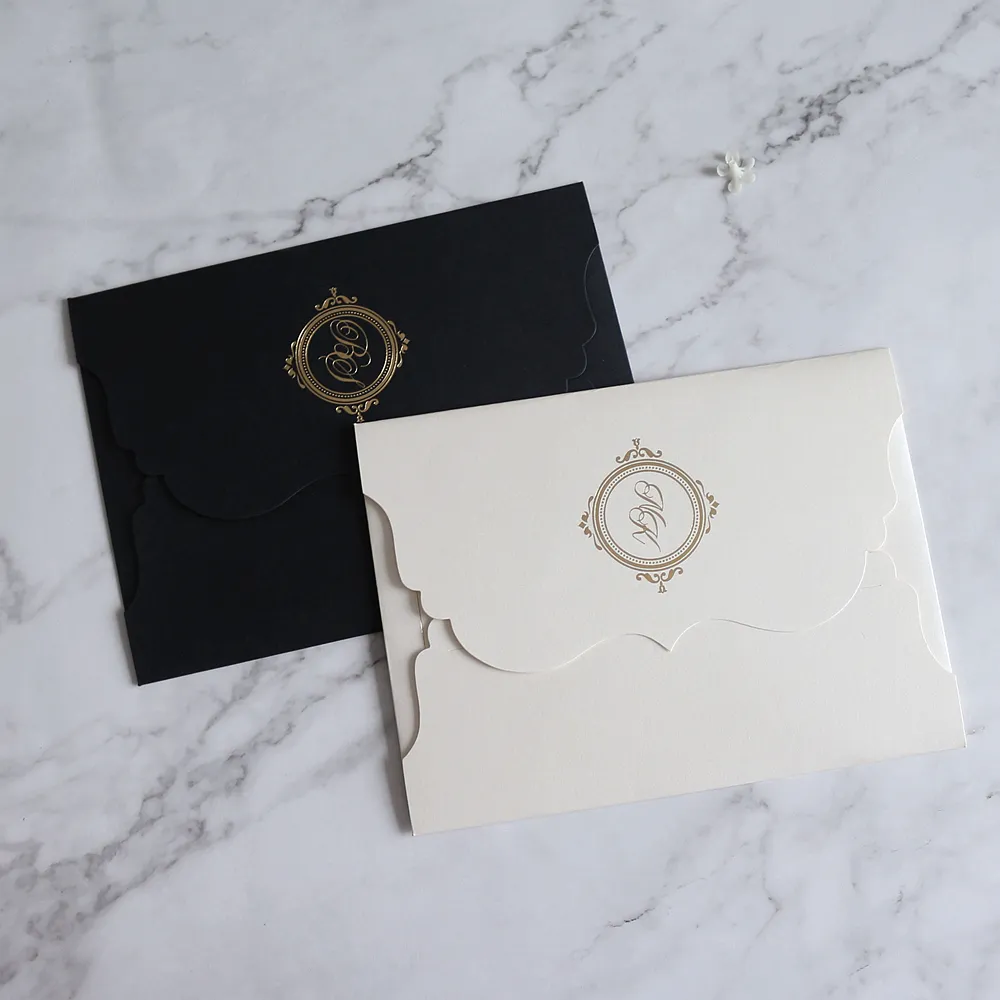 Altın folyo logo harf ile özel siyah mat geri dönüşümlü zarf parti kartvizit zarflar
