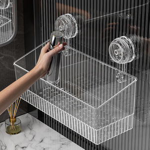 Suction Cup Faucet Holder Rectangular Transparent And Gray Durable Bathroom Shelves - Product Image 1