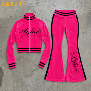 Produttori di Tute in <span class=keywords><strong>Velluto</strong></span>, Set Personalizzati all'Ingrosso per Donne, Giacca con Collo a Cono e Zip Colorata, <span class=keywords><strong>Pantaloni</strong></span> a Zampa, Set Coordinato in 2 Pezzi - Product Image 2