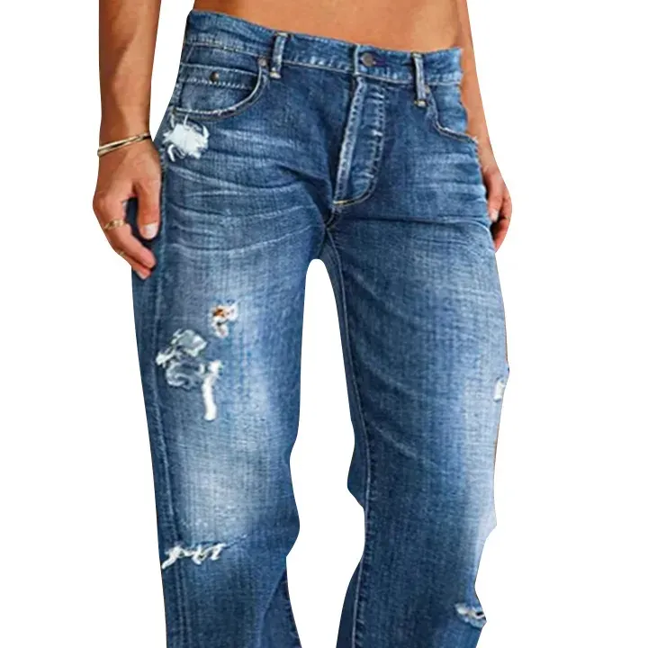 2024 Venta caliente jeans rasgados de seda Cintura alta rasgados pierna ancha mujeres casual bolsillo abierto rodilla jeans