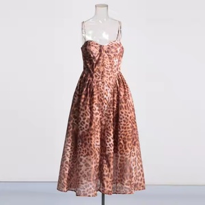 Vestido de Verano al Por Mayor a Bajo Precio para Mujer, Sexy, con Tirantes Finos, de Lino y Algodón, Vestidos Modestos, Vestido de Playa con Pedrería y Estampado de Leopardo - Product Image 3