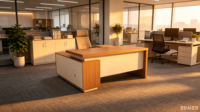 Bureau de direction en L contemporain en bois écologique, finition noyer, gris foncé, pour bureau commercial – Vente en gros