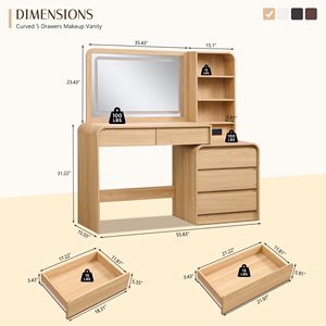 Coiffeuse moderne Aitjunz en bois massif et fer avec miroir lumineux, 5 tiroirs et station de charge - Table de maquillage de 50 pouces pour chambre à coucher (Nouveau) - Product Image 4