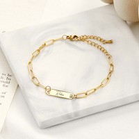 Bracelet chaîne trombone en acier inoxydable avec petit pendentif barre, couleur argent, or, or rose, longueur réglable