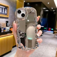 Étui miroir cosmétique de luxe plaqué argent avec bord ondulé pour Iphone 15 1413 12 11 pro max