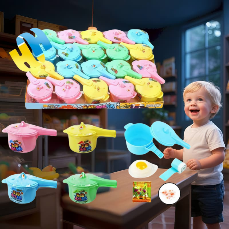 Wholesale Sweets Halal Pressure Cooker Toy Fried Egg Jelly Fruit C Roll Gummy Candy Popping Candy Kids Candy Toy OEM