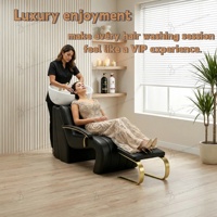 Fauteuil de lavage de luxe incurvé pour salon, station de lavage de cheveux en cuir PU avec cuvette en céramique, lit de lavage pour salon de coiffure