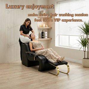 Fauteuil de lavage de luxe incurvé pour salon, station de lavage de cheveux en cuir PU avec cuvette en céramique, lit de lavage pour salon de coiffure - Product Image 3
