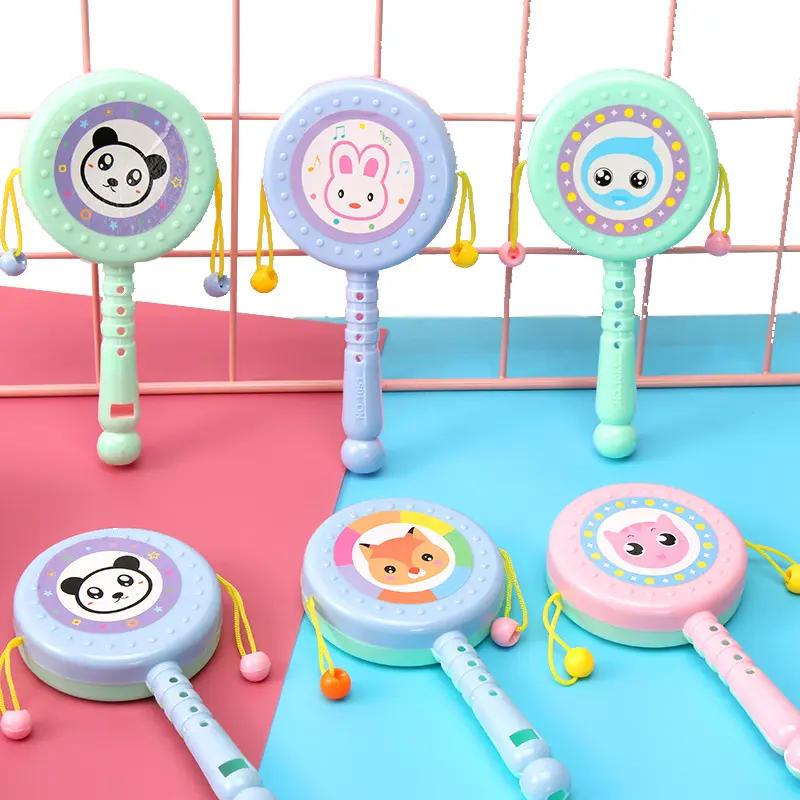 Alta Qualidade Animais Bonitos Forma Infantil Dentição Sensorial Musical Choca Tambor Com Luz Soft Plastic Baby Teether Brinquedos