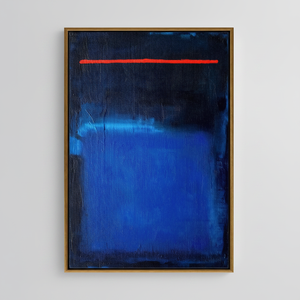 Arte abstracto en lienzo estilo Rothko: azul profundo, impresión con detalles de líneas rojas, lienzo con marco dorado - Product Image 2