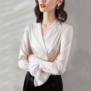 White silk shirt for female design tailored collar silk blouse long sleeve women blouse