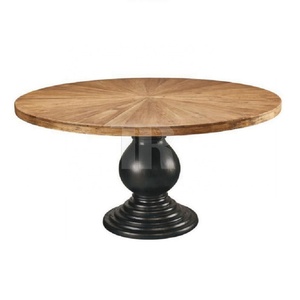 Table à manger ronde avec base en piédestal à cercles concentriques superposés en pin recyclé à motif soleil couchant - Product Image 1
