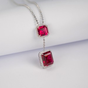 S925 Sterling Silver Lab-Created <b>Ruby</b> Pendant <b>Necklace</b>, Cushion Cut, 12×14 & 10×10 Stones, Rhodium Plated, Item No. ZHF-P1411R V - Product Image 4
