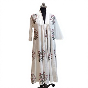 100% Cotton Bohemian Floral V-neck Hand Block-Printed Eco-Friendly Loose Fit <b>Summer</b> Spring ODM <b>Kaftan</b> Maxi Dress with Pockets - Product Image 3