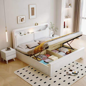 Dazhang Jiaju Scandinavian White Solid Wood Bed 1.8m Storage High Box Lighted <b>Headboard</b> Master Bedroom Furniture - Product Image 4