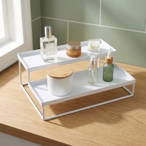 Minimalist Double Tier <b>Metal</b> Storage Rack Rectangular Standing Type for Bathroom Sundries Stackable Design <b>White</b> Finish - Product Image 4