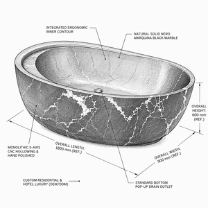 Vasca da Bagno Ovale di Lusso in Marmo Nero Naturale Intagliato a Mano, Vasca Autoportante in Pietra per Progetti di Bagni di Villa - Product Image 2