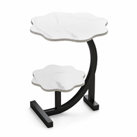 Table basse moderne à deux niveaux en MDF imprimé marbre, forme florale, avec cadre en fer noir courbé, portable pour salon, hôtel, OEM ODM