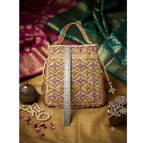 Handcrafted Silk Beige Saddle Potli <b>Bag</b> Purse <b>Sequin</b> Pearl Glass Bead Embroidery Classic Traditional Indian Lightweight Shoulder - Product Image 3
