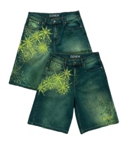 Shorts en jean DiZNEW vert délavé à l'acide avec motif toile d'araignée imprimé, style Y2K grunge, déchirés, amples, pour hommes, vente en gros