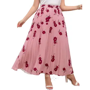Wholesale High Quality Chiffon High Waist elastic women's A Line pleated Floral Print maxi long skirts for Ladies