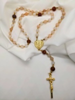 Chapelet catholique Notre-Dame de Guadalupe, aventurine rose mate 8 mm, médaille et crucifix dorés