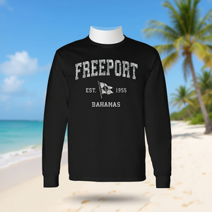 Camiseta de manga larga Freeport Bahamas con diseño de bandera náutica vintage - Product Image 1