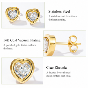 Pendientes de Corazón de Acero Inoxidable con Baño de Oro de 14K y Circonita Transparente en Forma de Corazón con Cierre de Mariposa de 11mm - Product Image 5