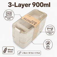 Boîte à bento 3 couches 900 ml, compatible micro-ondes, étanche, en paille de blé et plastique, sans BPA, facile à nettoyer, boîte de rangement alimentaire