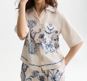 เสื้อชุดนอนผ้าฝ้ายแขนสั้นคอจีนพิมพ์ลายดอกไม้สีฟ้าสำหรับผู้หญิงฤดูร้อนระบายอากาศได้ดีทรงปกติ - Product Image 4
