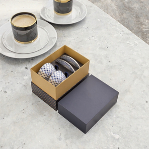 Porcelain Classic Eco-Friendly Coffee <b>Cup</b> <b>and</b> <b>Saucer</b> Set with Cobalt Blue Lattice Pattern Gold Rim 250mL Business Gift Box - Product Image 1