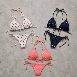 Custom Design Eco-Friendly Red <strong>White</strong> Polka Dot Triangle Halter Tie up Plus Size 2 Piece <strong>Bikini</strong> <strong>Set</strong> Women Bathing Suit Swimwear - Product Image 1