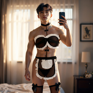 <b>Men's</b> sexy lingerie, male servant uniform <b>set</b>, see-through bodysuit, plus size seductive <b>pajamas</b>, crossdressing - Product Image 2