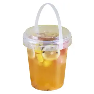 레모네이드 컵 32 온스 1000ML 사용자 정의 식품 등급 PP 플라스틱 컵 음료 요구르트 우유 차 과일 용기 뚜껑이있는 투명 버킷 컵