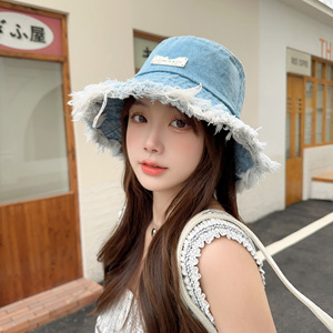 Винтажная женская джинсовая кепка-панама с эффектом потертости и дырками, хлопковая, с необработанным краем - Product Image 2