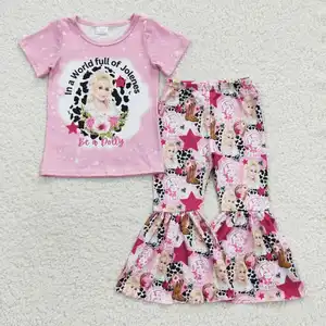 western "be a dolly" pink 2pc short sleeve bell bottom pants set howdy boots outfit kids clothing children boutiques for baby gi