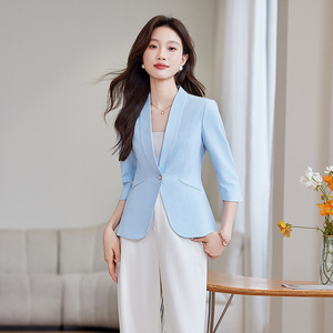 Women's Spring Single Button Slim Fit Blazer Blue Solid Color Anti Wrinkle Office Wear - Product Image 1